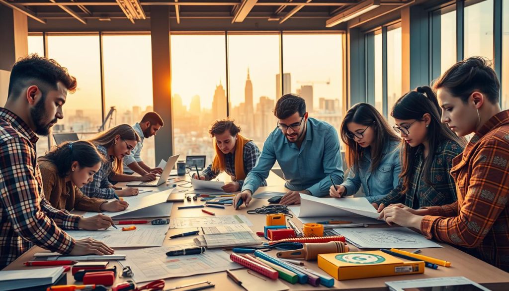A vibrant, energetic scene depicting an ambitious project coming to life. In the foreground, a team of diverse individuals work intently on their tasks, their expressions focused and determined. Colorful diagrams, blueprints, and tools litter the workspace, creating a sense of progress and innovation. The middle ground features a sleek, modern office space with large windows that let in warm, natural lighting, casting a gentle glow over the proceedings. In the background, a city skyline shimmers, hinting at the broader context and impact of the project. The overall atmosphere conveys a sense of productivity, collaboration, and the boundless potential of realizing a shared vision. A vibrant, energetic scene depicting an ambitious project coming to life. In the foreground, a team of diverse individuals work intently on their tasks, their expressions focused and determined. Colorful diagrams, blueprints, and tools litter the workspace, creating a sense of progress and innovation. The middle ground features a sleek, modern office space with large windows that let in warm, natural lighting, casting a gentle glow over the proceedings. In the background, a city skyline shimmers, hinting at the broader context and impact of the project. The overall atmosphere conveys a sense of productivity, collaboration, and the boundless potential of realizing a shared vision.