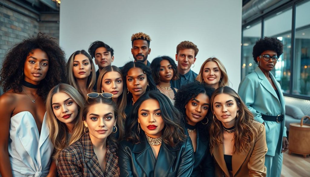 A vibrant ensemble of contemporary celebrity personas, captured in a stylish, high-fashion editorial setting. The foreground features a diverse group of models posing with natural, relaxed expressions, showcasing the latest trends in fashion, hairstyles, and accessories. The middle ground offers a seamless blend of soft, indirect lighting and a minimalist, modern backdrop, creating an atmospheric, studio-like ambiance. In the background, subtle hints of a chic, urban environment add depth and context, hinting at the lively, fast-paced world of celebrity culture and entertainment. The overall composition conveys a sense of sophistication, style, and the enduring allure of today's most influential public figures. A vibrant ensemble of contemporary celebrity personas, captured in a stylish, high-fashion editorial setting. The foreground features a diverse group of models posing with natural, relaxed expressions, showcasing the latest trends in fashion, hairstyles, and accessories. The middle ground offers a seamless blend of soft, indirect lighting and a minimalist, modern backdrop, creating an atmospheric, studio-like ambiance. In the background, subtle hints of a chic, urban environment add depth and context, hinting at the lively, fast-paced world of celebrity culture and entertainment. The overall composition conveys a sense of sophistication, style, and the enduring allure of today's most influential public figures.