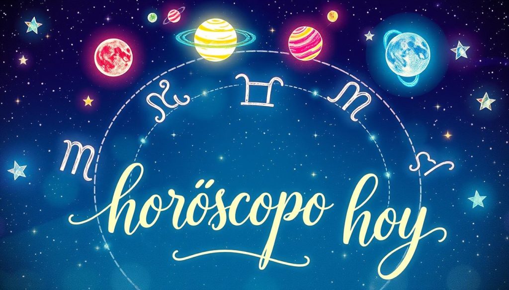 A vibrant, hand-drawn astrological chart against a starry night sky. The zodiac symbols are prominently displayed, each with a distinct artistic flair. Glowing planets and celestial bodies hover above, illuminating the scene with a soft, ethereal light. In the foreground, elegant calligraphic script spells out "horóscopo hoy" in a captivating, mystical style. The overall composition evokes a sense of wonder and divination, perfectly capturing the essence of daily horoscopes.