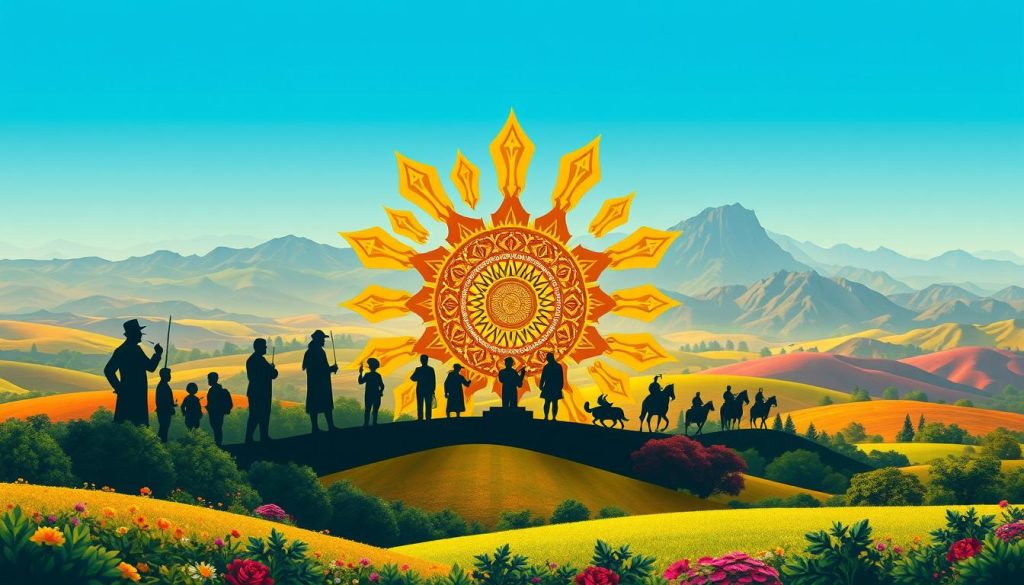A vibrant, high-resolution digital illustration depicting the "día" (day) concept. The foreground features a central focal point - a large, ornately decorated sun with intricate patterns and golden rays emanating outwards. Surrounding the sun are silhouettes of various historical figures, such as authors, artists, scientists, and leaders, representing the "personajes destacados" (notable individuals) who were born or died on this particular day. The middle ground showcases a lush, colorful landscape with rolling hills, flourishing vegetation, and a clear blue sky. In the background, a breathtaking mountain range stands tall, creating a sense of depth and grandeur. The overall mood is one of celebration, inspiration, and the commemoration of significant lives and events that have shaped history on this special "día."