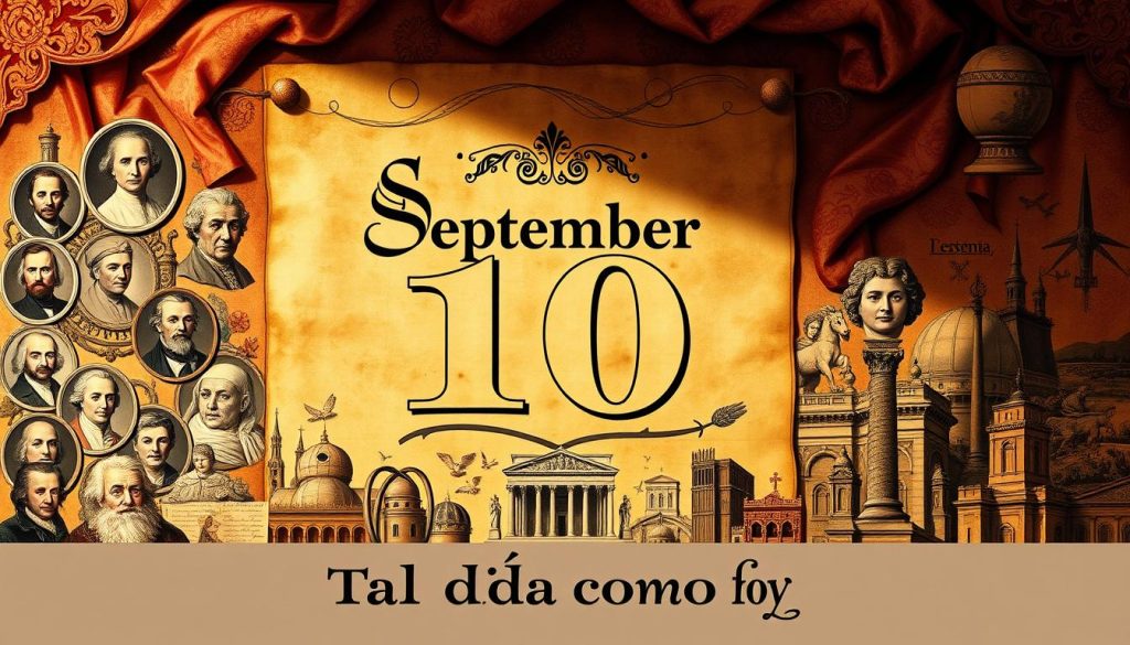 A vibrant, historical scene depicting key events and figures from September 10th throughout the ages. The foreground showcases a collage of portraits, artifacts, and symbols representing notable births, deaths, and momentous occasions on this date. The middle ground features an ornate, parchment-like backdrop with intricate calligraphic flourishes, evoking the feel of an illuminated manuscript. In the background, a rich, textured tapestry unfurls, showcasing iconic landmarks and landscapes associated with the day's esteemed personages and occurrences. Dramatic, dramatic lighting casts dramatic shadows, heightening the sense of historical gravitas. The overall composition conveys a sense of reverence, scholarship, and the weight of bygone eras, perfectly suited to illustrate the "Tal día como hoy" section of the article. A vibrant, historical scene depicting key events and figures from September 10th throughout the ages. The foreground showcases a collage of portraits, artifacts, and symbols representing notable births, deaths, and momentous occasions on this date. The middle ground features an ornate, parchment-like backdrop with intricate calligraphic flourishes, evoking the feel of an illuminated manuscript. In the background, a rich, textured tapestry unfurls, showcasing iconic landmarks and landscapes associated with the day's esteemed personages and occurrences. Dramatic, dramatic lighting casts dramatic shadows, heightening the sense of historical gravitas. The overall composition conveys a sense of reverence, scholarship, and the weight of bygone eras, perfectly suited to illustrate the "Tal día como hoy" section of the article.