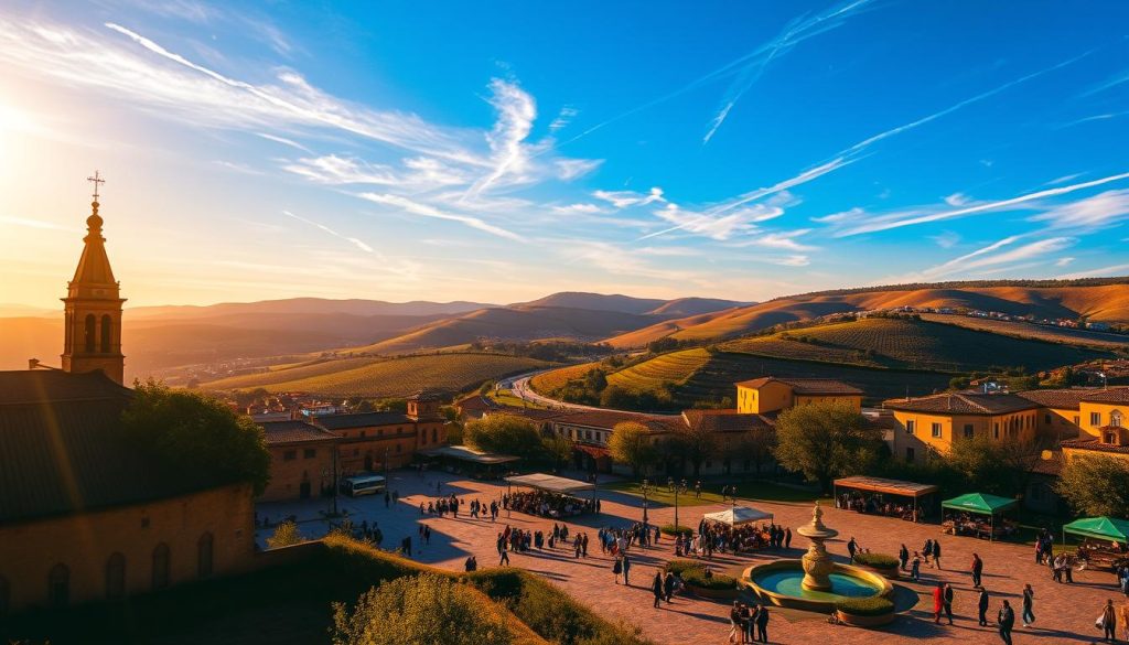 A vibrant, photorealistic depiction of "día" on an autumn day in Spain. The foreground features the silhouette of a historic church, its steeple glowing in the warm, golden sunlight. In the middle ground, a bustling town square comes to life, with locals gathered around market stalls and fountains. The background showcases the rolling hills and olive groves that characterize the Spanish countryside, the sky a brilliant blue with wispy clouds. The overall scene conveys a sense of timeless tradition, cultural heritage, and the rhythm of daily life in this picturesque corner of the world. A vibrant, photorealistic depiction of "día" on an autumn day in Spain. The foreground features the silhouette of a historic church, its steeple glowing in the warm, golden sunlight. In the middle ground, a bustling town square comes to life, with locals gathered around market stalls and fountains. The background showcases the rolling hills and olive groves that characterize the Spanish countryside, the sky a brilliant blue with wispy clouds. The overall scene conveys a sense of timeless tradition, cultural heritage, and the rhythm of daily life in this picturesque corner of the world.