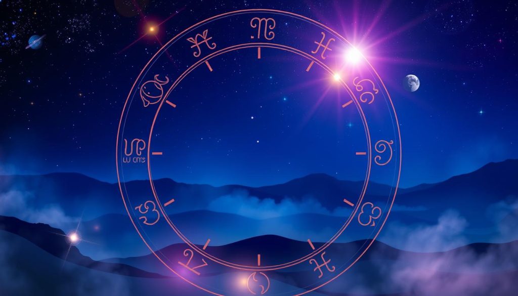 A vibrant, visually striking horoscope illustration with a celestial, mystical atmosphere. In the foreground, a zodiac wheel with the twelve astrological symbols arranged around the outer edge, illuminated by a soft, warm glow. In the middle ground, planets and stars in a deep indigo night sky, creating a sense of cosmic energy and divination. In the background, a misty, dreamlike landscape with silhouetted mountains or hills, evoking a sense of mysticism and wonder. The lighting is dramatic, with rays of light or beams emanating from the zodiac wheel, creating a magical, enchanting mood. The overall composition is balanced and visually compelling, drawing the viewer into the mystical world of horoscopes.