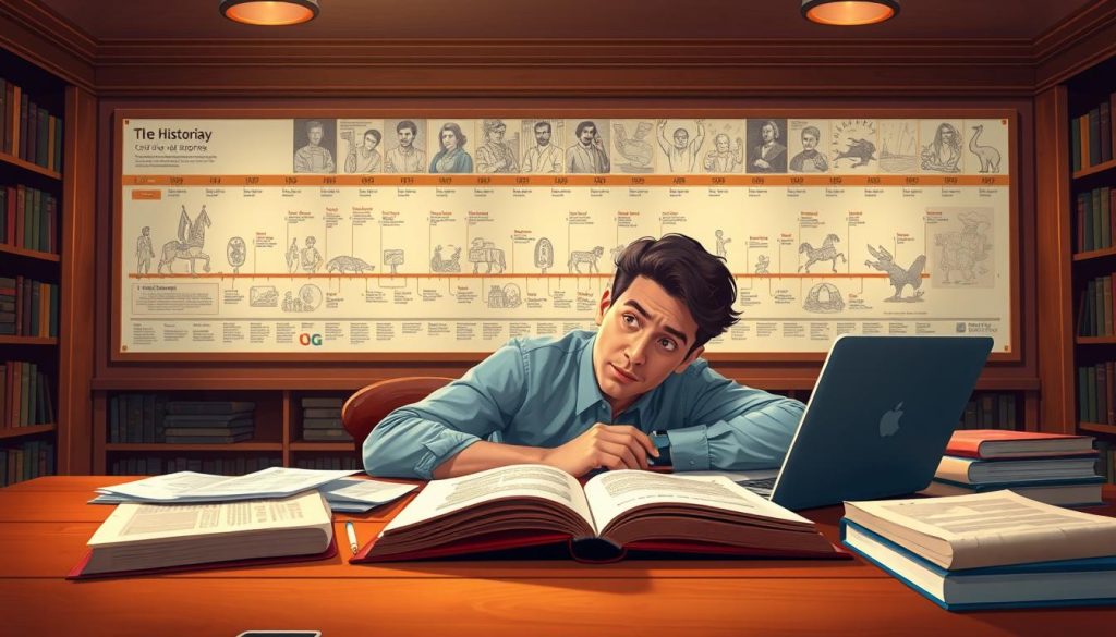 A visually engaging illustration of a person studying a historical timeline, with a sense of curiosity and exploration. The foreground features the person leaning over a desk, surrounded by open books, papers, and a laptop, creating an atmosphere of active learning. The middle ground showcases a large, detailed timeline on the wall, depicting key historical events and figures. The background incorporates a warm, library-like setting with bookshelves, lending an air of scholarly contemplation. Soft, directional lighting creates depth and highlights the study materials, while a shallow depth of field focuses the viewer's attention on the person's engaged expression. The overall scene conveys the process of using a historical reference to gain deeper understanding of the past. A visually engaging illustration of a person studying a historical timeline, with a sense of curiosity and exploration. The foreground features the person leaning over a desk, surrounded by open books, papers, and a laptop, creating an atmosphere of active learning. The middle ground showcases a large, detailed timeline on the wall, depicting key historical events and figures. The background incorporates a warm, library-like setting with bookshelves, lending an air of scholarly contemplation. Soft, directional lighting creates depth and highlights the study materials, while a shallow depth of field focuses the viewer's attention on the person's engaged expression. The overall scene conveys the process of using a historical reference to gain deeper understanding of the past.