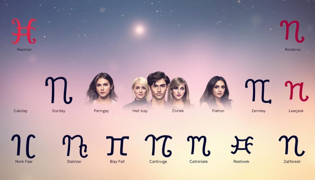 A visually striking digital illustration depicting contemporary celebrity zodiac symbols. Prominently featured in the foreground are the distinctive astrological glyphs for the twelve zodiac signs, rendered in a bold, stylized graphic design. The middle ground showcases a collection of modern celebrity portraits, subtly integrated to suggest the influence of astrological trends on public interest and media consumption. The background features a soft, atmospheric gradient evoking a celestial, otherworldly ambiance. Imbued with a sleek, minimalist aesthetic, the overall composition conveys a sense of the enduring fascination with astrology and its relationship to today's cultural landscape. A visually striking digital illustration depicting contemporary celebrity zodiac symbols. Prominently featured in the foreground are the distinctive astrological glyphs for the twelve zodiac signs, rendered in a bold, stylized graphic design. The middle ground showcases a collection of modern celebrity portraits, subtly integrated to suggest the influence of astrological trends on public interest and media consumption. The background features a soft, atmospheric gradient evoking a celestial, otherworldly ambiance. Imbued with a sleek, minimalist aesthetic, the overall composition conveys a sense of the enduring fascination with astrology and its relationship to today's cultural landscape.