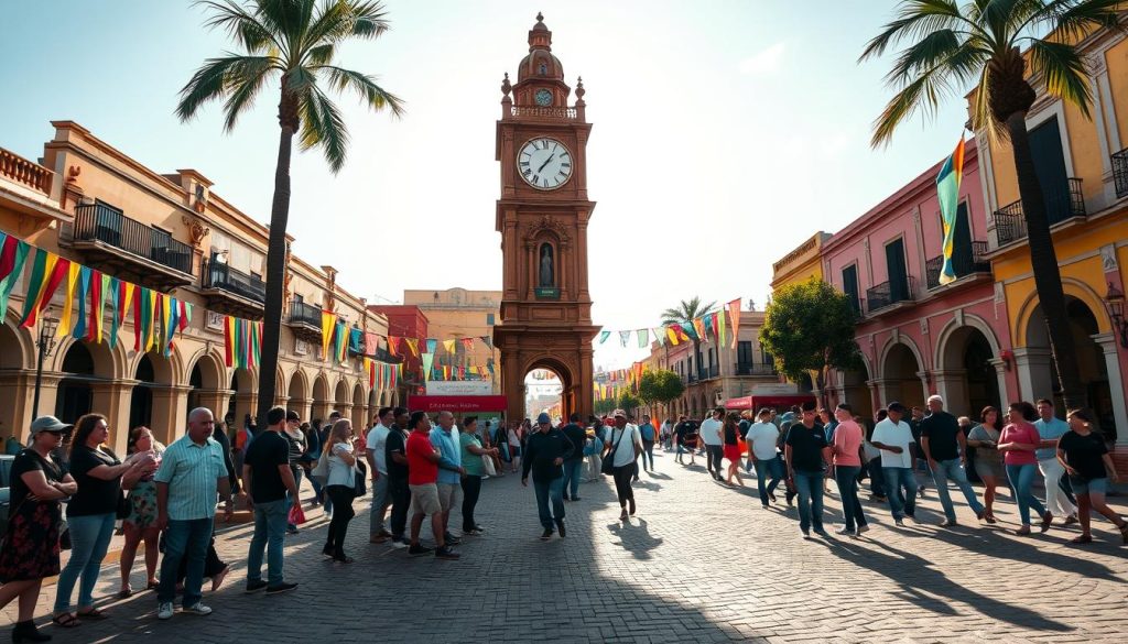 A warm, sunny day in a bustling town square, with a vibrant display of traditional Mexican architecture and colorful banners fluttering in the gentle breeze. In the center, a large, ornate clock tower stands tall, its intricate design casting playful shadows across the cobblestone pavement. Groups of people gather around, some engaged in animated conversation, others simply taking in the lively atmosphere. The scene is bathed in a soft, golden light, creating a sense of timelessness and celebration, capturing the essence of a significant day in the life of this vibrant community.
