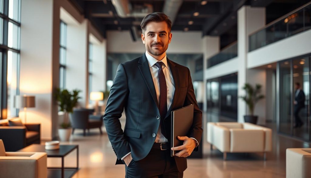 A well-dressed professional standing in a modern office, confidently posing with a portfolio in hand. Warm, directional lighting illuminates their face, creating a sense of authority and focus. The background features clean, minimalist architecture with sleek furniture and decor, conveying a polished, corporate atmosphere. The color palette is muted, emphasizing the subject's attire and demeanor. The overall scene evokes a sense of productivity, success and the formality associated with a professional work environment. A well-dressed professional standing in a modern office, confidently posing with a portfolio in hand. Warm, directional lighting illuminates their face, creating a sense of authority and focus. The background features clean, minimalist architecture with sleek furniture and decor, conveying a polished, corporate atmosphere. The color palette is muted, emphasizing the subject's attire and demeanor. The overall scene evokes a sense of productivity, success and the formality associated with a professional work environment.