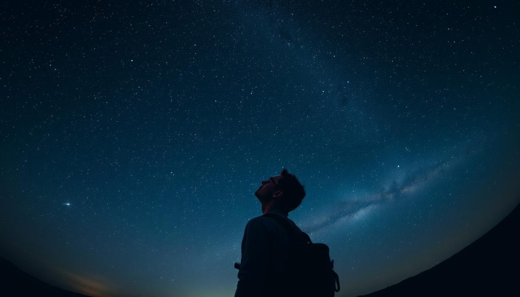 An awe-inspiring panoramic view of the night sky, captured with a wide-angle lens. The heavens above are illuminated by a vast, shimmering tapestry of stars, galaxies, and celestial bodies. In the foreground, a lone astronomer stands, gazing upwards in contemplation, their face bathed in a warm, ambient glow. The scene is infused with a sense of wonder and discovery, inviting the viewer to ponder the mysteries of the cosmos. The composition is balanced, with the astronomer's silhouette anchoring the frame and the glittering expanse of the universe filling the background. Soft, diffused lighting creates a moody, atmospheric feel, heightening the sense of immersion and connection with the grandeur of astronomy. An awe-inspiring panoramic view of the night sky, captured with a wide-angle lens. The heavens above are illuminated by a vast, shimmering tapestry of stars, galaxies, and celestial bodies. In the foreground, a lone astronomer stands, gazing upwards in contemplation, their face bathed in a warm, ambient glow. The scene is infused with a sense of wonder and discovery, inviting the viewer to ponder the mysteries of the cosmos. The composition is balanced, with the astronomer's silhouette anchoring the frame and the glittering expanse of the universe filling the background. Soft, diffused lighting creates a moody, atmospheric feel, heightening the sense of immersion and connection with the grandeur of astronomy.