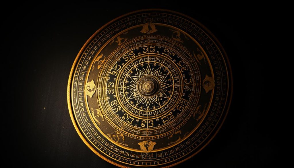 Calendario astrológico, a magnificent celestial display against a dimly lit backdrop. Detailed zodiac symbols adorn the ornate circular design, radiating an air of mysticism and wonder. Intricate celestial patterns dance across the canvas, complemented by a soft, warm glow that bathes the scene in an otherworldly ambiance. Delicate gold accents highlight the intricate craftsmanship, while the overall composition exudes a sense of ancient wisdom and timeless elegance. Capture the essence of this captivating astrological guide, a testament to the enduring fascination with the cosmos and the mysteries they hold.