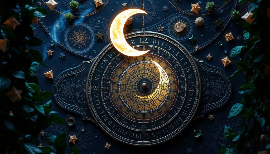 Calendario lunar, a celestial tapestry of phases and cycles, illuminated by a soft lunar glow. In the foreground, the crescent moon hangs resplendent, casting a gentle light upon an ornate calendar, its intricate design reflecting the ebb and flow of the lunar tides. Surrounding this central focus, lush foliage and mystical symbols swirl, creating a sense of timeless connection between the earthly and the celestial. Ambient lighting bathes the scene in a serene, otherworldly atmosphere, inviting the viewer to ponder the profound influence of the moon upon the natural world and the human experience.