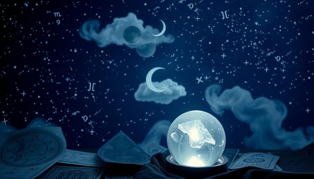 Horoscope astrological symbols and glyphs set against a starry night sky backdrop. In the foreground, a crystal ball or mystical orb casts an ethereal glow, surrounded by astrological charts, zodiac signs, and tarot cards. In the middle ground, a crescent moon and planetary motifs float amidst wispy clouds. The overall atmosphere is one of divination, spirituality, and cosmic connection, with a tinge of mystery and intrigue. Soft, diffused lighting illuminates the scene, creating a contemplative and otherworldly mood.