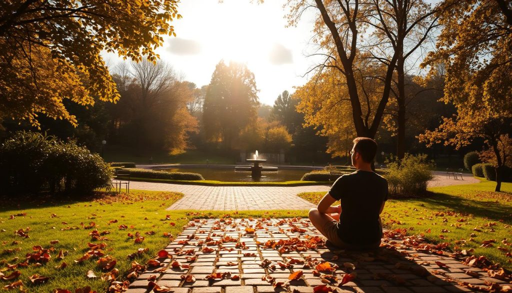 Lunes septiembre 2025: a tranquil autumn day unfolds, bathed in warm golden light. A serene park setting with lush foliage and a cobblestone path leading the eye towards a serene pond. In the foreground, a person sits cross-legged, deep in contemplation, surrounded by fallen leaves. The atmosphere is one of stillness and clarity, inviting the viewer to pause and find inner peace amidst the changing seasons. Soft cloud formations drift overhead, casting gentle shadows across the scene. Capture the sense of renewal and self-reflection that defines this transitional time of year. Lunes septiembre 2025: a tranquil autumn day unfolds, bathed in warm golden light. A serene park setting with lush foliage and a cobblestone path leading the eye towards a serene pond. In the foreground, a person sits cross-legged, deep in contemplation, surrounded by fallen leaves. The atmosphere is one of stillness and clarity, inviting the viewer to pause and find inner peace amidst the changing seasons. Soft cloud formations drift overhead, casting gentle shadows across the scene. Capture the sense of renewal and self-reflection that defines this transitional time of year.