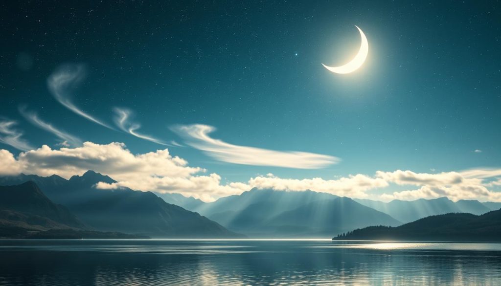 Panoramic view of an astral landscape, bathed in the soft glow of a crescent moon. Wispy, luminescent clouds drift across a star-speckled night sky, casting a celestial ambiance. In the foreground, a serene lake reflects the shimmering heavens above, creating a sense of tranquility and mysticism. Towering mountains loom in the distance, their peaks adorned with a dusting of ethereal mist. The overall scene exudes a sense of wonder, inviting the viewer to bask in the captivating energy and timeless rhythms of the natural world.