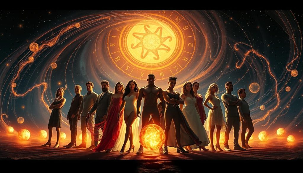 Personas nacidas bajo signo, a vibrant and visually striking depiction of astrological signs and their associated characteristics. In the foreground, a group of diverse figures, each embodying the unique traits of their zodiac sign, stand in a dramatic pose against a swirling, cosmic backdrop. Shimmering celestial patterns and glowing orbs fill the middle ground, creating a sense of mysticism and wonder. The background features a deep, inky sky dotted with twinkling stars, conveying a sense of the grand, universal scale of astrology. Dramatic lighting casts dramatic shadows and highlights the distinct personalities of the figures, while a cinematic camera angle adds a sense of depth and scale to the composition. The overall mood is one of intrigue, mystery, and the powerful influence of the stars on human lives.