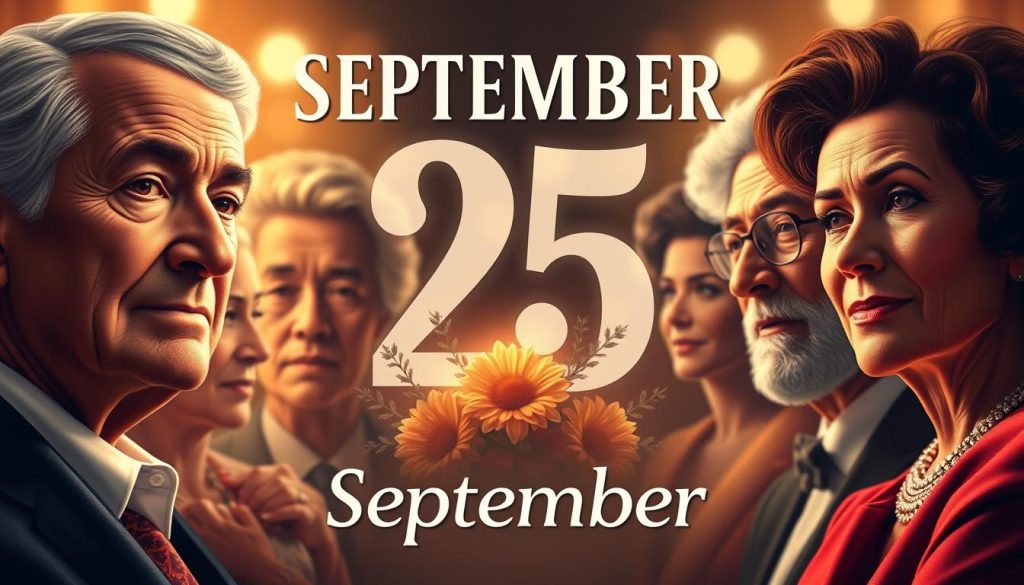 Portraits of prominent figures celebrated on September 25th, depicted in a vibrant and elegant style. In the foreground, detailed likenesses of renowned personalities, their expressions conveying the significance of the date. The middle ground features symbolic elements alluding to their accomplishments, surrounded by a softly blurred, atmospheric background. The lighting is warm and flattering, with a touch of dramatic chiaroscuro. The overall composition is balanced and visually captivating, inviting the viewer to explore the diverse cast of individuals who have left an indelible mark on this special occasion.
