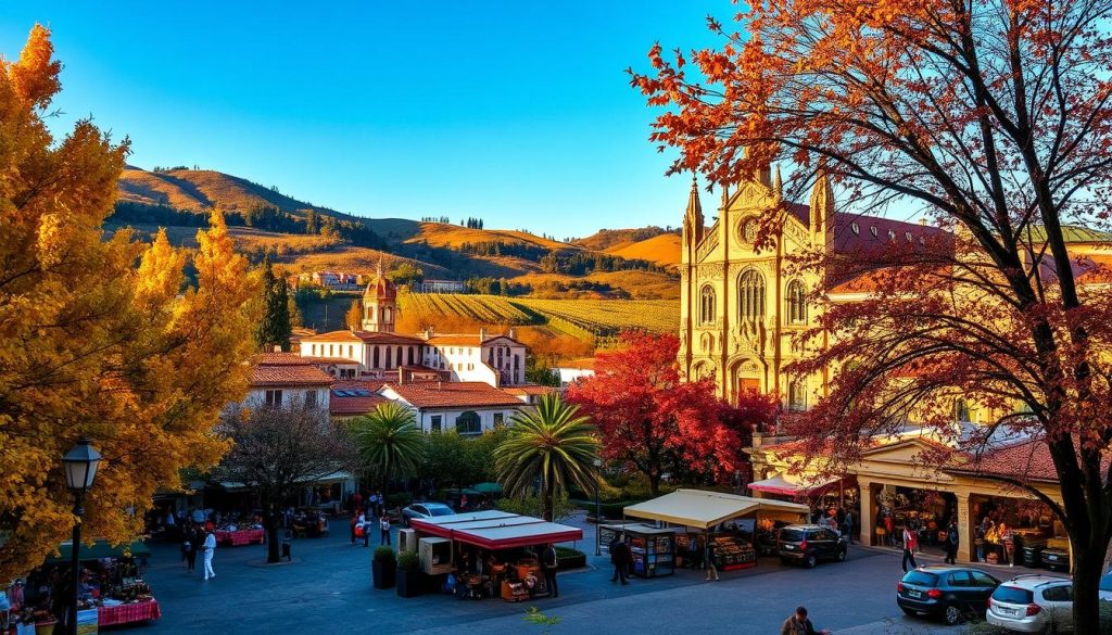 Stunning autumn landscape in Spain, featuring a vibrant array of colors and textures. In the foreground, a serene town square with a bustling market, vendors selling local produce and handcrafted goods. The middle ground showcases a majestic church with an ornate facade, its spires reaching towards a clear blue sky. In the background, rolling hills and lush vineyards bathed in the golden glow of the afternoon sun. The scene is imbued with a sense of history and cultural richness, capturing the essence of Spain's Semana October celebrations. Soft, diffused lighting casts a warm, inviting atmosphere, drawing the viewer into this picturesque, timeless moment. Stunning autumn landscape in Spain, featuring a vibrant array of colors and textures. In the foreground, a serene town square with a bustling market, vendors selling local produce and handcrafted goods. The middle ground showcases a majestic church with an ornate facade, its spires reaching towards a clear blue sky. In the background, rolling hills and lush vineyards bathed in the golden glow of the afternoon sun. The scene is imbued with a sense of history and cultural richness, capturing the essence of Spain's Semana October celebrations. Soft, diffused lighting casts a warm, inviting atmosphere, drawing the viewer into this picturesque, timeless moment.