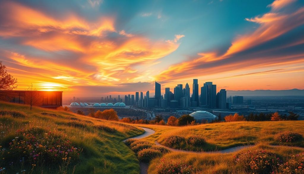 Vibrant autumnal landscape with a striking sunset over a city skyline, capturing the essence of September 2025. In the foreground, a lush meadow dotted with colorful wildflowers and a winding path leading towards a modern, glass-fronted building. The middle ground features a bustling city center with sleek high-rises and towering skyscrapers, their windows reflecting the warm hues of the setting sun. The background is dominated by a magnificent, cloud-streaked sky, painted in a mesmerizing blend of oranges, pinks, and deep purples. The scene is illuminated by a soft, ambient lighting that casts a cozy, cinematic glow over the entire composition.