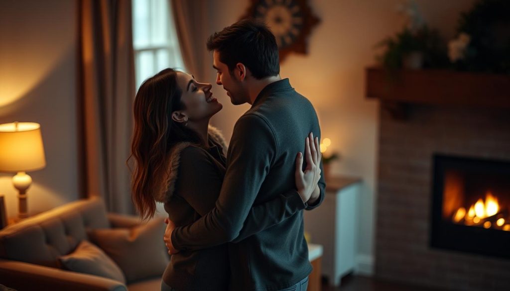 A cozy, romantic scene of two people embracing in a warm, softly lit room. The foreground features the intertwined bodies of the couple, their faces close together as they gaze into each other's eyes, conveying a sense of deep connection and intimacy. The middle ground includes subtle details like a plush, velvet-upholstered chair and a flickering fireplace, creating a cocoon-like atmosphere. The background is blurred, suggesting a secluded, private setting. The lighting is soft and muted, casting a gentle, golden glow over the scene, highlighting the tenderness and affection between the two individuals. The overall mood is one of blissful, passionate love. A cozy, romantic scene of two people embracing in a warm, softly lit room. The foreground features the intertwined bodies of the couple, their faces close together as they gaze into each other's eyes, conveying a sense of deep connection and intimacy. The middle ground includes subtle details like a plush, velvet-upholstered chair and a flickering fireplace, creating a cocoon-like atmosphere. The background is blurred, suggesting a secluded, private setting. The lighting is soft and muted, casting a gentle, golden glow over the scene, highlighting the tenderness and affection between the two individuals. The overall mood is one of blissful, passionate love.