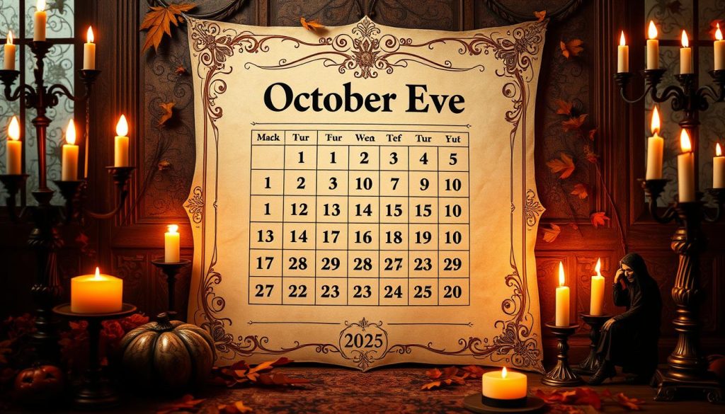 A detailed and meticulously designed calendar page for October 31st, 2025, depicting the celebration of All Hallows' Eve. The calendar occupies the central focus, rendered in a vintage, parchment-like style with intricate filigree borders. Surrounding the calendar are subtle illustrations evoking the historical and cultural significance of the date, such as ornate candelabras, autumnal foliage, and silhouettes of spooky figures. The overall atmosphere is one of gothic elegance, with warm, candlelit lighting casting dramatic shadows across the scene. The composition balances the informative calendar grid with an artistic, atmospheric depiction of the celebratory occasion. A detailed and meticulously designed calendar page for October 31st, 2025, depicting the celebration of All Hallows' Eve. The calendar occupies the central focus, rendered in a vintage, parchment-like style with intricate filigree borders. Surrounding the calendar are subtle illustrations evoking the historical and cultural significance of the date, such as ornate candelabras, autumnal foliage, and silhouettes of spooky figures. The overall atmosphere is one of gothic elegance, with warm, candlelit lighting casting dramatic shadows across the scene. The composition balances the informative calendar grid with an artistic, atmospheric depiction of the celebratory occasion.