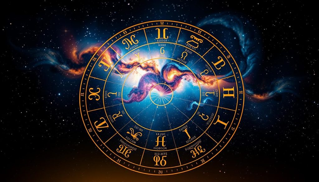 A detailed astrological chart depicting the zodiac signs and their corresponding date ranges. The foreground showcases the 12 zodiac symbols arranged in a circular pattern, each subtly illuminated and textured to convey their celestial nature. The middle ground features a vibrant, star-filled night sky, with swirling galaxies and nebulae in the background, creating a sense of cosmic grandeur. The lighting is soft and atmospheric, casting a warm, mystical glow over the entire composition. The overall mood is one of enchantment and timeless, esoteric knowledge, inviting the viewer to explore the ancient wisdom of the zodiac.