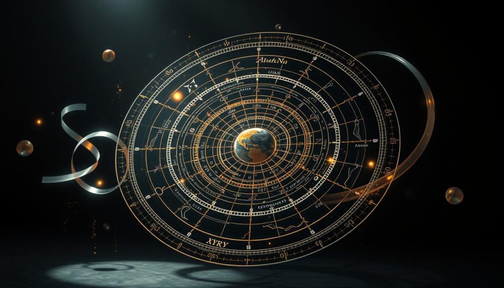 A detailed astrological chart with celestial elements floating in a serene, dimly-lit environment. The chart's lines and symbols are rendered in a luminous, holographic style, casting a soft, ethereal glow. Planetary motions and zodiacal progressions are visualized as swirling, translucent orbs and ribbons of light, ebbing and flowing around the central chart. The overall mood is contemplative, inviting the viewer to explore the dynamics and subtle shifts within the astrological layout. Dramatic chiaroscuro lighting accentuates the depth and complexity of the "progresiones carta", hinting at the hidden meanings and personal transformations it can reveal. A detailed astrological chart with celestial elements floating in a serene, dimly-lit environment. The chart's lines and symbols are rendered in a luminous, holographic style, casting a soft, ethereal glow. Planetary motions and zodiacal progressions are visualized as swirling, translucent orbs and ribbons of light, ebbing and flowing around the central chart. The overall mood is contemplative, inviting the viewer to explore the dynamics and subtle shifts within the astrological layout. Dramatic chiaroscuro lighting accentuates the depth and complexity of the "progresiones carta", hinting at the hidden meanings and personal transformations it can reveal.