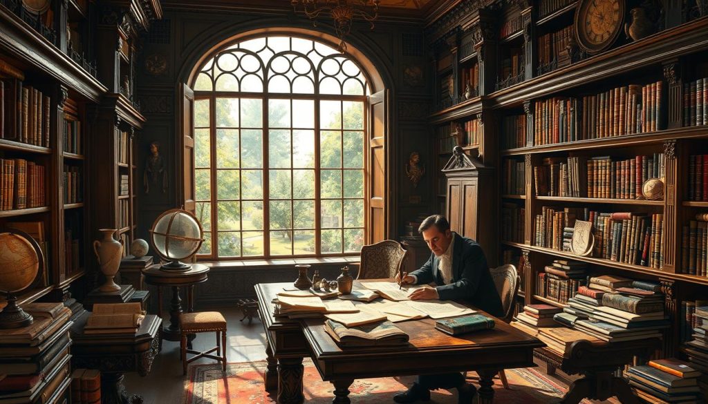 A detailed historical scene depicting the events, births, and horoscopes of a single day. Set in a grand library or study, with ornate shelves, globes, and antique volumes. Soft, warm lighting illuminates a central desk, where a historian pores over parchments and manuscripts. In the background, a large window offers a view of a sun-dappled garden. The overall mood is one of scholarly contemplation and the timeless nature of history.