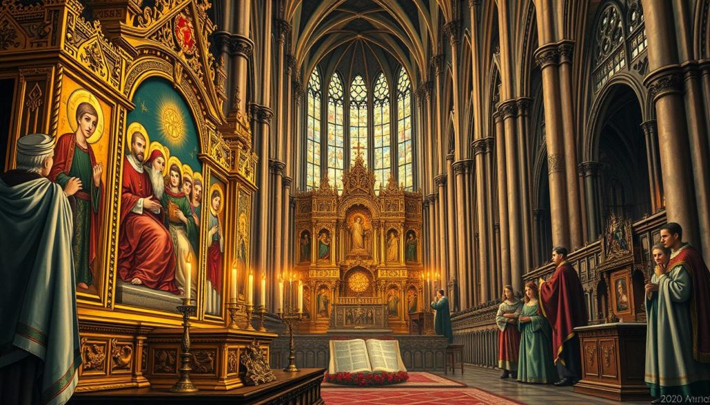 A detailed illustration of a medieval Catholic santoral, showcasing the intricate artistry and symbolism of religious iconography. In the foreground, a gilded altarpiece depicts a reverent scene of saints and martyrs, their faces radiating a saintly glow under warm candlelight. The middle ground features ornate liturgical vestments, religious relics, and illuminated manuscripts, hinting at the rich tradition and ceremony of the Catholic Church. In the background, a grand cathedral interior rises, its soaring arches and stained-glass windows casting a transcendent, otherworldly ambiance. The overall composition conveys the solemnity, grandeur, and timeless reverence of the Catholic liturgical calendar and the veneration of the saints it encompasses. A detailed illustration of a medieval Catholic santoral, showcasing the intricate artistry and symbolism of religious iconography. In the foreground, a gilded altarpiece depicts a reverent scene of saints and martyrs, their faces radiating a saintly glow under warm candlelight. The middle ground features ornate liturgical vestments, religious relics, and illuminated manuscripts, hinting at the rich tradition and ceremony of the Catholic Church. In the background, a grand cathedral interior rises, its soaring arches and stained-glass windows casting a transcendent, otherworldly ambiance. The overall composition conveys the solemnity, grandeur, and timeless reverence of the Catholic liturgical calendar and the veneration of the saints it encompasses.