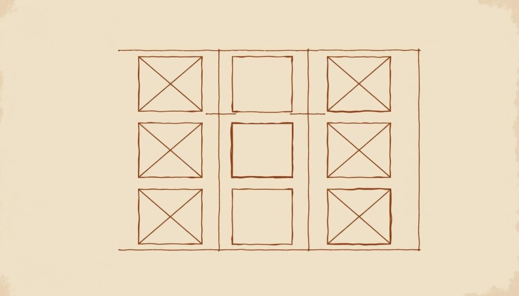 A detailed illustration of the Pythagorean square, depicting a grid of nine squares arranged in a 3x3 pattern. The squares are outlined in a bold, geometric style, with a muted, earthy color palette of warm browns and cool grays. The central square is slightly larger, representing the core of the numerological system. Subtle lines and patterns within each square hint at the deeper mathematical principles behind this ancient divinatory tool. The composition is balanced and symmetrical, with a sense of timeless elegance that evokes the mystical power of numerology. Gentle lighting casts soft shadows, adding depth and dimension to the overall design. A detailed illustration of the Pythagorean square, depicting a grid of nine squares arranged in a 3x3 pattern. The squares are outlined in a bold, geometric style, with a muted, earthy color palette of warm browns and cool grays. The central square is slightly larger, representing the core of the numerological system. Subtle lines and patterns within each square hint at the deeper mathematical principles behind this ancient divinatory tool. The composition is balanced and symmetrical, with a sense of timeless elegance that evokes the mystical power of numerology. Gentle lighting casts soft shadows, adding depth and dimension to the overall design.
