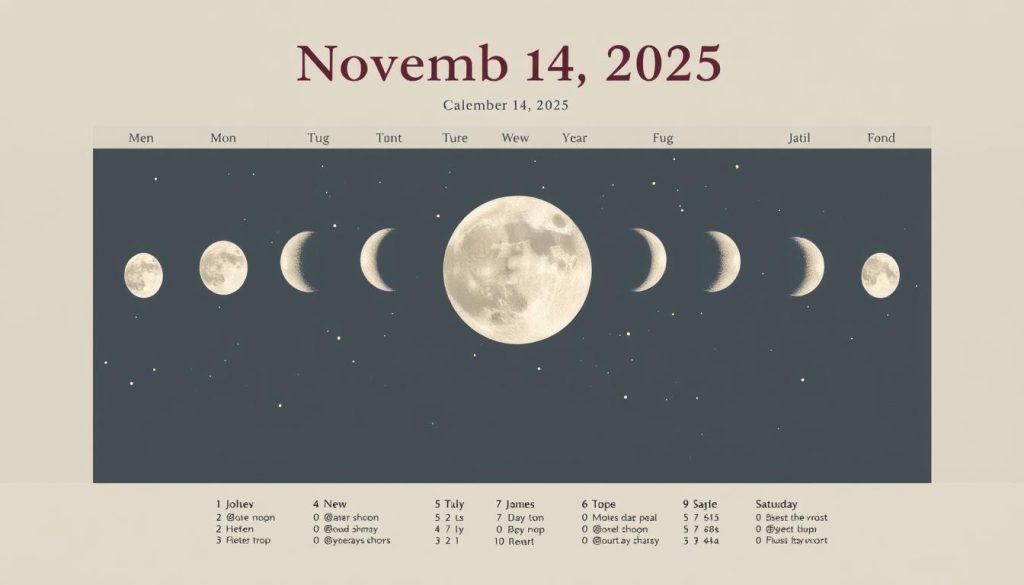 A detailed lunar calendar for November 14, 2025, showcasing the moon phases, celestial events, and astrological information. The calendar is rendered in a clean, minimalist design with a soft, muted color palette. The foreground features the calendar grid with the key details, while the middle ground depicts the moon in its various phases. The background showcases a starry night sky, with subtle celestial patterns and a sense of depth and mystery. The overall mood is serene, contemplative, and informative, capturing the essence of the lunar cycle and its significance in the given date. A detailed lunar calendar for November 14, 2025, showcasing the moon phases, celestial events, and astrological information. The calendar is rendered in a clean, minimalist design with a soft, muted color palette. The foreground features the calendar grid with the key details, while the middle ground depicts the moon in its various phases. The background showcases a starry night sky, with subtle celestial patterns and a sense of depth and mystery. The overall mood is serene, contemplative, and informative, capturing the essence of the lunar cycle and its significance in the given date.