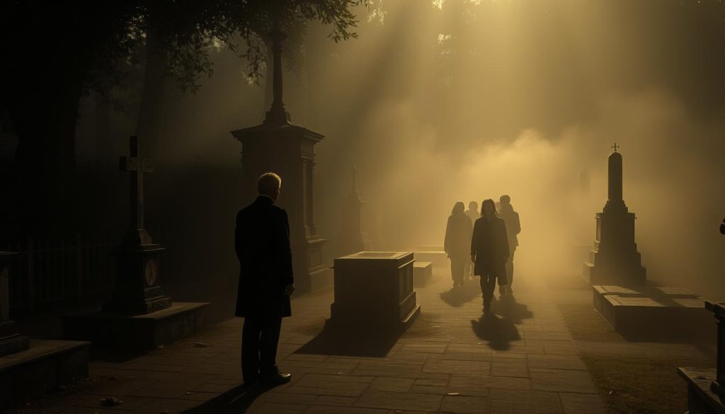 A dimly lit historical cemetery, with weathered headstones and mausoleums casting long shadows. In the foreground, a lone figure stands solemnly, dressed in somber attire, paying respects to those who have passed. The middle ground features a procession of mourners, their faces obscured, walking reverently between the monuments. In the background, a veil of fog shrouds the scene, creating an air of melancholy and timelessness. Soft, warm lighting filters through the mist, illuminating the solemn gathering. The overall atmosphere evokes a sense of reflection and reverence for the legacies of those whose "Obituarios históricos" are commemorated.
