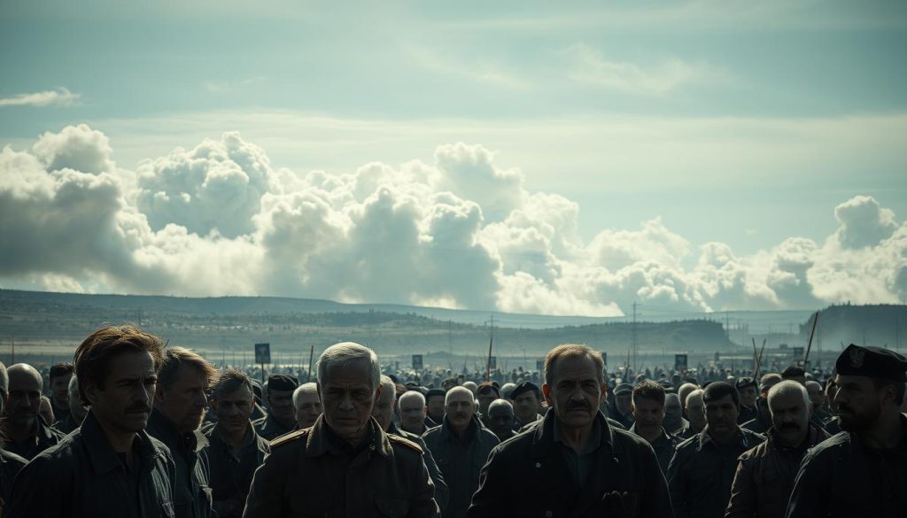 A dramatic landscape depicting a backdrop of political turmoil and conflict. In the foreground, a tense standoff between opposing factions, their faces etched with determination and distrust. Billowing clouds of smoke rise in the distance, hinting at past skirmishes. The lighting is stark, creating deep shadows that obscure hidden agendas. The scene is captured through a wide-angle lens, conveying a sense of scale and the complexity of the situation. The overall atmosphere is one of unease, with an undercurrent of volatility that threatens to erupt at any moment. A dramatic landscape depicting a backdrop of political turmoil and conflict. In the foreground, a tense standoff between opposing factions, their faces etched with determination and distrust. Billowing clouds of smoke rise in the distance, hinting at past skirmishes. The lighting is stark, creating deep shadows that obscure hidden agendas. The scene is captured through a wide-angle lens, conveying a sense of scale and the complexity of the situation. The overall atmosphere is one of unease, with an undercurrent of volatility that threatens to erupt at any moment.