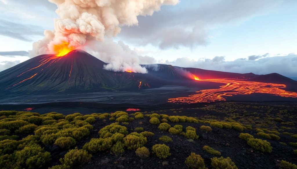 A dramatic volcanic eruption in the Canary Islands, Teneguía, as seen from a distance. The fiery lava flows spew forth from the mountain's summit, casting an otherworldly glow across the rugged terrain. In the foreground, a patchwork of lush, green vegetation contrasts with the stark, blackened earth. Billowing plumes of ash and smoke drift across the sky, illuminated by the intense orange and red hues of the eruption. The scene is captured with a wide-angle lens, emphasizing the scale and power of this natural phenomenon. The overall mood is one of awe and wonder, highlighting the raw, untamed force of this Spanish natural wonder. A dramatic volcanic eruption in the Canary Islands, Teneguía, as seen from a distance. The fiery lava flows spew forth from the mountain's summit, casting an otherworldly glow across the rugged terrain. In the foreground, a patchwork of lush, green vegetation contrasts with the stark, blackened earth. Billowing plumes of ash and smoke drift across the sky, illuminated by the intense orange and red hues of the eruption. The scene is captured with a wide-angle lens, emphasizing the scale and power of this natural phenomenon. The overall mood is one of awe and wonder, highlighting the raw, untamed force of this Spanish natural wonder.