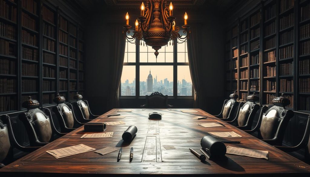 A grand antique table, its aged wooden surface weathered by time, dominates a dimly lit study. Scattered across the table are historic documents, parchment scrolls, and quill pens, hinting at the diplomatic negotiations that have unfolded here. Towering bookcases line the walls, casting dramatic shadows that play across the scene. An ornate bronze chandelier illuminates the room with a warm, golden glow, creating an atmosphere of contemplation and scholarly endeavor. Through the tall windows, a glimpse of a distant city skyline suggests the global implications of the decisions made within these walls. This is a place where the fate of nations has been sealed, a crucible of statecraft and the delicate balance of power. A grand antique table, its aged wooden surface weathered by time, dominates a dimly lit study. Scattered across the table are historic documents, parchment scrolls, and quill pens, hinting at the diplomatic negotiations that have unfolded here. Towering bookcases line the walls, casting dramatic shadows that play across the scene. An ornate bronze chandelier illuminates the room with a warm, golden glow, creating an atmosphere of contemplation and scholarly endeavor. Through the tall windows, a glimpse of a distant city skyline suggests the global implications of the decisions made within these walls. This is a place where the fate of nations has been sealed, a crucible of statecraft and the delicate balance of power.