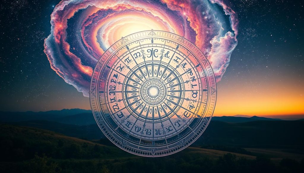 A mystical, awe-inspiring astrological composition. In the foreground, an intricate, hand-drawn zodiac wheel, its symbols and patterns illuminated by a soft, ethereal glow. Surrounding it, a swirling galaxy of stars and nebulae, their vibrant hues and luminous wisps evoking a sense of wonder and the vastness of the cosmos. In the background, a lush, dreamy landscape of rolling hills and distant mountains, bathed in a warm, golden light that suggests the comforting embrace of nature. The overall mood is one of introspection, contemplation, and the recognition that astrology is a tool for self-discovery, not a definitive guide to life's choices. A mystical, awe-inspiring astrological composition. In the foreground, an intricate, hand-drawn zodiac wheel, its symbols and patterns illuminated by a soft, ethereal glow. Surrounding it, a swirling galaxy of stars and nebulae, their vibrant hues and luminous wisps evoking a sense of wonder and the vastness of the cosmos. In the background, a lush, dreamy landscape of rolling hills and distant mountains, bathed in a warm, golden light that suggests the comforting embrace of nature. The overall mood is one of introspection, contemplation, and the recognition that astrology is a tool for self-discovery, not a definitive guide to life's choices.