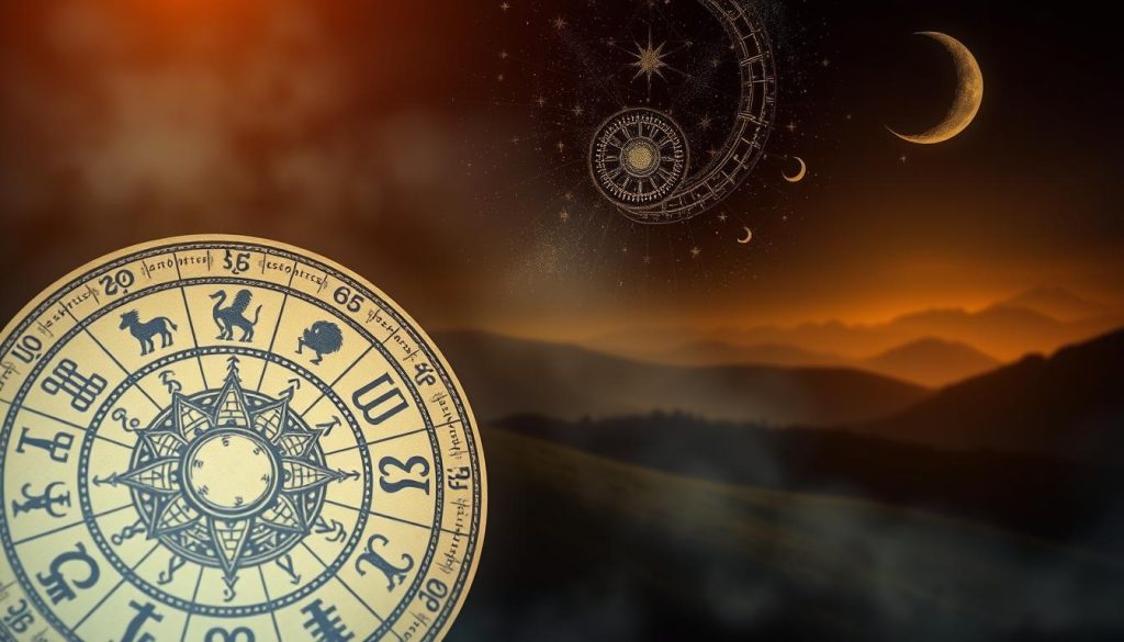 A mystical zodiac scene with astrological symbols and celestial elements. In the foreground, a detailed, hand-drawn horoscope wheel with intricate zodiac signs and planets. The middle ground features a dimly lit, medieval-style illustration of the night sky, with stars, crescent moons, and wispy clouds. In the background, a hazy, dreamlike landscape of rolling hills and distant mountains, bathed in a warm, golden glow. The lighting is soft and moody, creating an atmospheric and enchanting ambiance. The overall composition evokes a sense of ancient wisdom, divination, and the mystical nature of astrological traditions. A mystical zodiac scene with astrological symbols and celestial elements. In the foreground, a detailed, hand-drawn horoscope wheel with intricate zodiac signs and planets. The middle ground features a dimly lit, medieval-style illustration of the night sky, with stars, crescent moons, and wispy clouds. In the background, a hazy, dreamlike landscape of rolling hills and distant mountains, bathed in a warm, golden glow. The lighting is soft and moody, creating an atmospheric and enchanting ambiance. The overall composition evokes a sense of ancient wisdom, divination, and the mystical nature of astrological traditions.