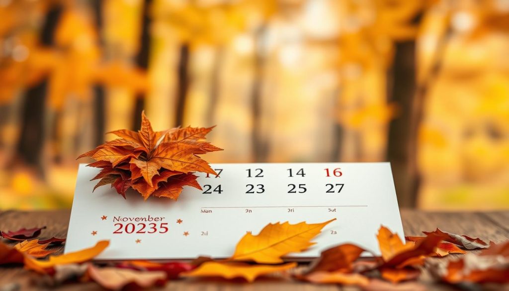 A serene and autumnal calendar page for November 3rd, 2025, a Monday. The page is set against a warm, golden backdrop with a soft focus, evoking a cozy and reflective mood. In the foreground, the calendar date is prominently displayed in a classic typeface, with a subtle leaf motif decorating the edges. The middle ground features a neatly arranged stack of fallen leaves in earthy hues of amber, ochre, and crimson, artfully scattered across the page. In the background, a blurred but vibrant forest landscape fills the frame, hinting at the seasonal changes and the tranquility of the day. The overall composition strikes a balance between the orderly structure of the calendar and the natural, organic elements of autumn, creating a visually harmonious and inviting image. A serene and autumnal calendar page for November 3rd, 2025, a Monday. The page is set against a warm, golden backdrop with a soft focus, evoking a cozy and reflective mood. In the foreground, the calendar date is prominently displayed in a classic typeface, with a subtle leaf motif decorating the edges. The middle ground features a neatly arranged stack of fallen leaves in earthy hues of amber, ochre, and crimson, artfully scattered across the page. In the background, a blurred but vibrant forest landscape fills the frame, hinting at the seasonal changes and the tranquility of the day. The overall composition strikes a balance between the orderly structure of the calendar and the natural, organic elements of autumn, creating a visually harmonious and inviting image.