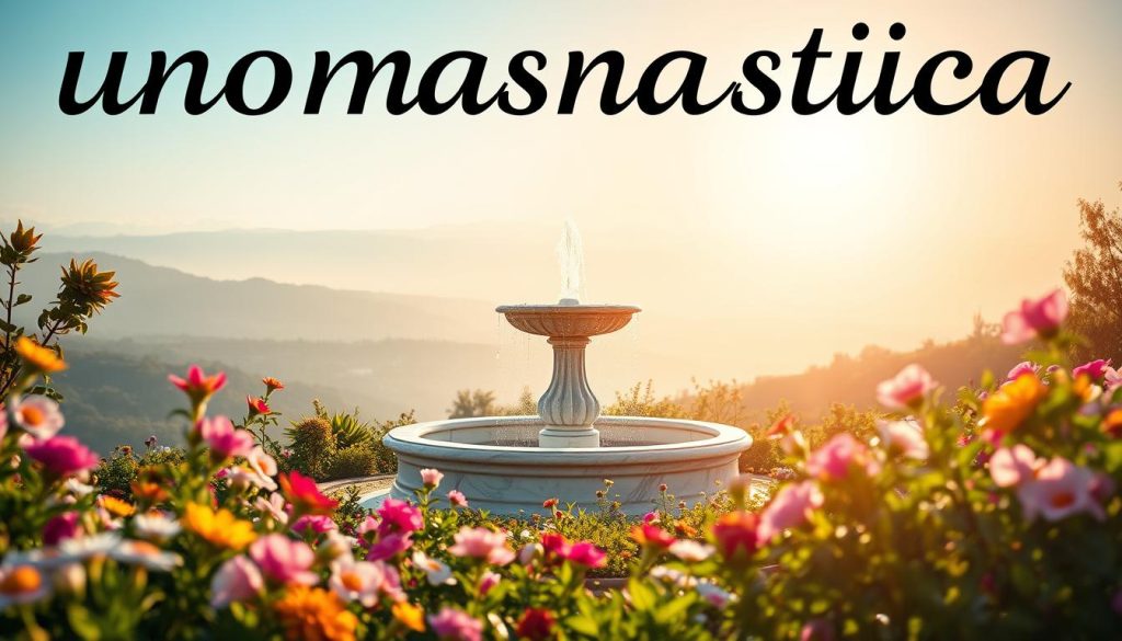 A serene, ethereal composition showcasing the concept of "onomástica". In the foreground, a radiant sun casts a warm glow, illuminating a tranquil garden of lush flora. Delicate flowers in a variety of vibrant hues dot the scene, their petals gently swaying in a soft breeze. In the middle ground, a marble fountain stands as a centerpiece, its cascading water creating a soothing melody. The background features a picturesque landscape, with rolling hills and a distant, hazy horizon. The overall mood is one of tranquility, celebration, and the honoring of personal or cultural traditions.
