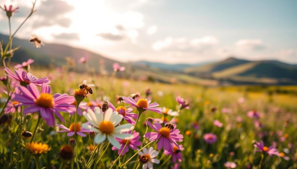 A serene field of blooming wildflowers, with a vibrant foreground of buzzing honeybees pollinating the colorful petals. The middle ground showcases a lush meadow, bathed in warm, golden afternoon sunlight filtering through wispy clouds. In the background, rolling hills and a clear blue sky create a tranquil, pastoral scene. The image has a soft, natural focus, with a sense of harmony and balance between the bees, the flowers, and the surrounding environment. The overall mood is one of wonder, appreciation, and reverence for the vital role bees play in the Earth's delicate ecosystem. A serene field of blooming wildflowers, with a vibrant foreground of buzzing honeybees pollinating the colorful petals. The middle ground showcases a lush meadow, bathed in warm, golden afternoon sunlight filtering through wispy clouds. In the background, rolling hills and a clear blue sky create a tranquil, pastoral scene. The image has a soft, natural focus, with a sense of harmony and balance between the bees, the flowers, and the surrounding environment. The overall mood is one of wonder, appreciation, and reverence for the vital role bees play in the Earth's delicate ecosystem.