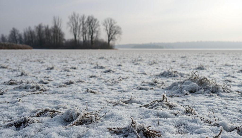 A snow-covered landscape in December, with a focus on the soil and climate. In the foreground, a frozen field with intricate patterns of ice crystals and frost-covered vegetation. In the middle ground, a line of barren trees silhouetted against a pale, overcast sky. In the background, the distant outline of a forest, its trees dusted with a layer of pristine white snow. The scene conveys a sense of stillness and solemnity, inviting contemplation of the delicate balance between the earth, the elements, and the changing seasons. The lighting is soft and diffused, creating a muted, wintry atmosphere. A snow-covered landscape in December, with a focus on the soil and climate. In the foreground, a frozen field with intricate patterns of ice crystals and frost-covered vegetation. In the middle ground, a line of barren trees silhouetted against a pale, overcast sky. In the background, the distant outline of a forest, its trees dusted with a layer of pristine white snow. The scene conveys a sense of stillness and solemnity, inviting contemplation of the delicate balance between the earth, the elements, and the changing seasons. The lighting is soft and diffused, creating a muted, wintry atmosphere.