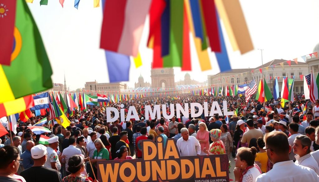 A vibrant and colorful celebration of "Día Mundial" (World Day) against a backdrop of a lively and diverse crowd. The foreground features a dynamic display of international flags, banners, and streamers fluttering in the gentle breeze. The middle ground showcases a mix of people from different cultures and backgrounds, dressed in traditional attire, engaging in festive activities and sharing in the joy of the occasion. The background depicts a warm, sun-drenched setting, with buildings and landmarks that reflect the global nature of the celebration. The scene is bathed in a warm, golden light, creating a sense of unity, harmony, and a shared appreciation for the world's diversity. A vibrant and colorful celebration of "Día Mundial" (World Day) against a backdrop of a lively and diverse crowd. The foreground features a dynamic display of international flags, banners, and streamers fluttering in the gentle breeze. The middle ground showcases a mix of people from different cultures and backgrounds, dressed in traditional attire, engaging in festive activities and sharing in the joy of the occasion. The background depicts a warm, sun-drenched setting, with buildings and landmarks that reflect the global nature of the celebration. The scene is bathed in a warm, golden light, creating a sense of unity, harmony, and a shared appreciation for the world's diversity.