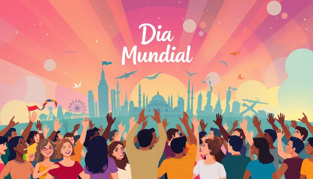 A vibrant and colorful illustration of "Día Mundial", the international day of celebration. The foreground features a diverse group of people of all ages and backgrounds joyfully coming together, their hands raised in a gesture of unity. The middle ground showcases a variety of global landmarks and symbols, representing the worldwide nature of the event. The background is a stunning array of warm, vibrant hues, creating a sense of celebration and community. The lighting is soft and inviting, highlighting the positive and inclusive atmosphere. The overall composition conveys the universal spirit of "Día Mundial" and its ability to bring people from all corners of the world together in a shared moment of recognition and appreciation. A vibrant and colorful illustration of "Día Mundial", the international day of celebration. The foreground features a diverse group of people of all ages and backgrounds joyfully coming together, their hands raised in a gesture of unity. The middle ground showcases a variety of global landmarks and symbols, representing the worldwide nature of the event. The background is a stunning array of warm, vibrant hues, creating a sense of celebration and community. The lighting is soft and inviting, highlighting the positive and inclusive atmosphere. The overall composition conveys the universal spirit of "Día Mundial" and its ability to bring people from all corners of the world together in a shared moment of recognition and appreciation.