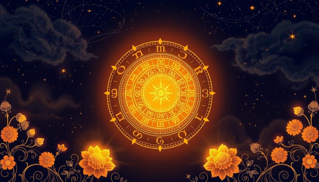 A vibrant and detailed daily horoscope illustration, featuring a central zodiac wheel surrounded by astrological symbols and cosmic elements. The wheel is illuminated by warm, golden lighting, casting a celestial glow on the composition. In the foreground, intricate line art and delicate floral motifs frame the zodiac wheel, creating a sense of mysticism and elegance. The background showcases a starry night sky, with wispy clouds and subtle gradient effects to enhance the atmospheric quality. The overall mood is one of introspection, guidance, and the timeless allure of astrology. A vibrant and detailed daily horoscope illustration, featuring a central zodiac wheel surrounded by astrological symbols and cosmic elements. The wheel is illuminated by warm, golden lighting, casting a celestial glow on the composition. In the foreground, intricate line art and delicate floral motifs frame the zodiac wheel, creating a sense of mysticism and elegance. The background showcases a starry night sky, with wispy clouds and subtle gradient effects to enhance the atmospheric quality. The overall mood is one of introspection, guidance, and the timeless allure of astrology.