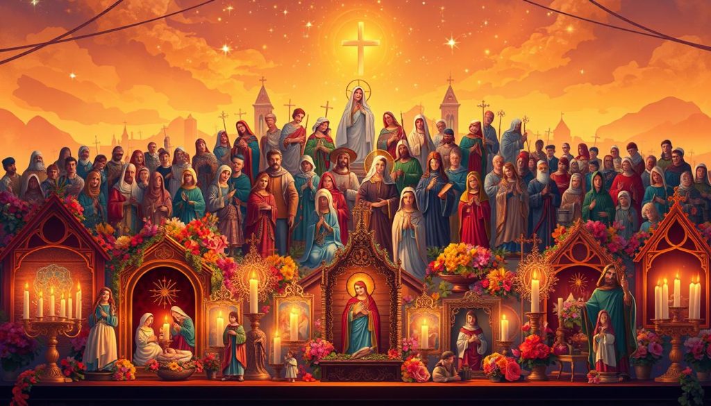 A vibrant illustration depicting the Catholic celebration of "All Saints' Day" on November 1st. The foreground showcases an array of colorful "nacimientos" (nativity scenes) adorned with intricate figurines, candles, and floral arrangements. In the middle ground, a diverse collection of Catholic saints, each with their distinct iconography and poses, create an enchanting celestial atmosphere. The background features a warm, golden-tinted skyline, reflecting the reverent and joyful nature of the holiday. The lighting is soft and diffused, creating a serene and contemplative mood, inviting the viewer to immerse themselves in the rich cultural and religious traditions of this significant day. A vibrant illustration depicting the Catholic celebration of "All Saints' Day" on November 1st. The foreground showcases an array of colorful "nacimientos" (nativity scenes) adorned with intricate figurines, candles, and floral arrangements. In the middle ground, a diverse collection of Catholic saints, each with their distinct iconography and poses, create an enchanting celestial atmosphere. The background features a warm, golden-tinted skyline, reflecting the reverent and joyful nature of the holiday. The lighting is soft and diffused, creating a serene and contemplative mood, inviting the viewer to immerse themselves in the rich cultural and religious traditions of this significant day.