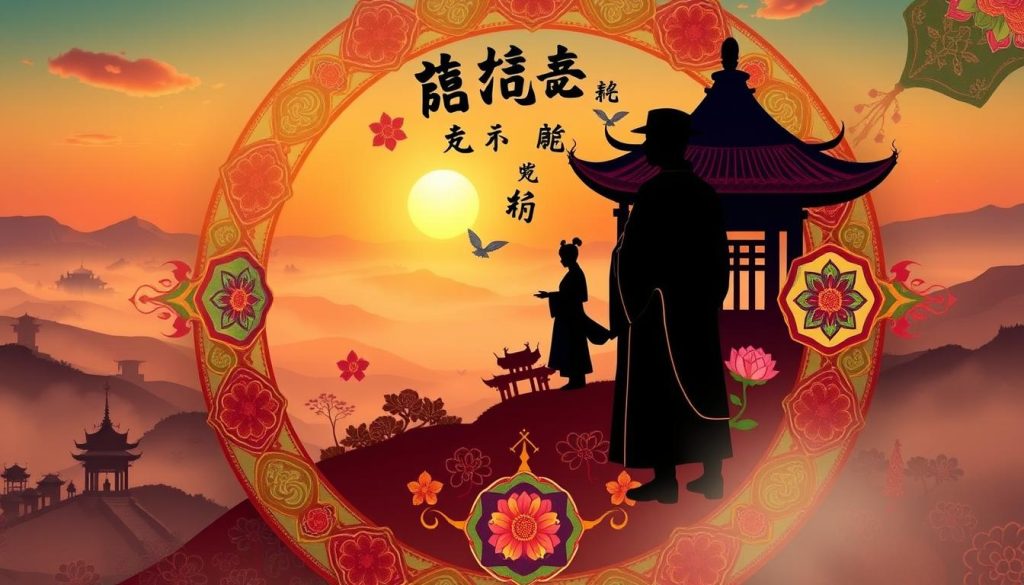 A vibrant, intricate composition depicting the symbolic elements of a day in the Eastern calendar. In the foreground, a central mandala-like pattern showcases vibrant hues and traditional motifs, such as lotus flowers, pagodas, and celestial patterns. In the middle ground, a silhouetted figure in traditional Eastern garb stands in a contemplative pose, surrounded by floating calligraphic elements and auspicious symbols. The background features a serene, misty landscape with rolling hills, temples, and a rising sun, bathed in a warm, golden light. The overall atmosphere conveys a sense of cultural richness, spirituality, and connection to the rhythms of nature. A vibrant, intricate composition depicting the symbolic elements of a day in the Eastern calendar. In the foreground, a central mandala-like pattern showcases vibrant hues and traditional motifs, such as lotus flowers, pagodas, and celestial patterns. In the middle ground, a silhouetted figure in traditional Eastern garb stands in a contemplative pose, surrounded by floating calligraphic elements and auspicious symbols. The background features a serene, misty landscape with rolling hills, temples, and a rising sun, bathed in a warm, golden light. The overall atmosphere conveys a sense of cultural richness, spirituality, and connection to the rhythms of nature.