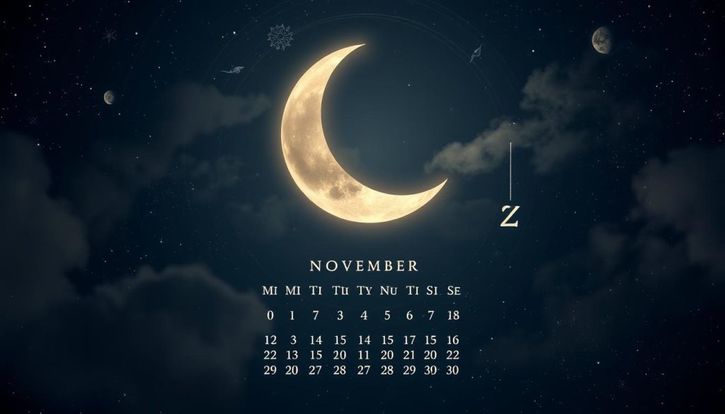 Detailed and ethereal lunar calendar for November 2025, presented against a starry night sky backdrop. The crescent moon, in soft, muted tones, takes center stage, surrounded by intricate celestial patterns and the faint silhouettes of distant planets. Wispy clouds drift across the scene, lending an atmospheric, almost mystical quality. The overall mood is one of tranquility and contemplation, inviting the viewer to gaze upon the rhythmic dance of the heavens and its influence on earthly events. Detailed and ethereal lunar calendar for November 2025, presented against a starry night sky backdrop. The crescent moon, in soft, muted tones, takes center stage, surrounded by intricate celestial patterns and the faint silhouettes of distant planets. Wispy clouds drift across the scene, lending an atmospheric, almost mystical quality. The overall mood is one of tranquility and contemplation, inviting the viewer to gaze upon the rhythmic dance of the heavens and its influence on earthly events.