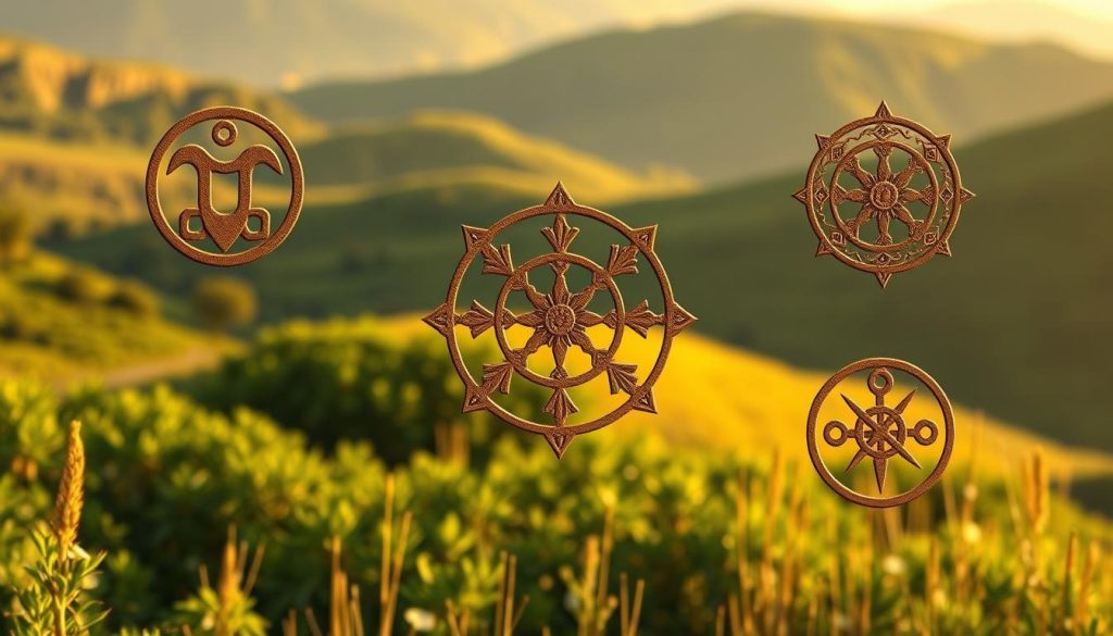 Intricate earth-toned sigils and symbols representing the four elements of the zodiac, floating in a serene, dreamlike landscape. Verdant foliage and gently undulating hills in the background, bathed in warm, golden light. The sigils, crafted with meticulous detail, emanate a sense of ancient mysticism and primal connection to the natural world. Soft, diffused shadows lend depth and dimension, while the overall composition evokes a contemplative, almost meditative atmosphere. The viewer is drawn into a realm of elemental forces and cosmic energies, inviting deeper reflection on the interconnectedness of all things. Intricate earth-toned sigils and symbols representing the four elements of the zodiac, floating in a serene, dreamlike landscape. Verdant foliage and gently undulating hills in the background, bathed in warm, golden light. The sigils, crafted with meticulous detail, emanate a sense of ancient mysticism and primal connection to the natural world. Soft, diffused shadows lend depth and dimension, while the overall composition evokes a contemplative, almost meditative atmosphere. The viewer is drawn into a realm of elemental forces and cosmic energies, inviting deeper reflection on the interconnectedness of all things.