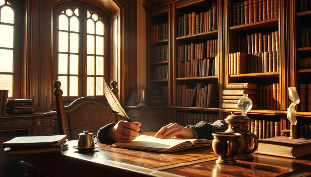 A Spanish writer sitting at a wooden desk, scribbling furiously with a quill pen. The study is bathed in warm, golden light filtering through a large window, casting a cozy glow on the bookshelves lining the walls. Leather-bound volumes, an antique inkwell, and a cup of steaming coffee sit nearby. The writer's face is focused, brow furrowed in deep concentration as they compose their next masterpiece, capturing the essence of a pivotal moment in history on the page before them. A sense of timeless creativity and intellectual pursuit fills the intimate, contemplative space. A Spanish writer sitting at a wooden desk, scribbling furiously with a quill pen. The study is bathed in warm, golden light filtering through a large window, casting a cozy glow on the bookshelves lining the walls. Leather-bound volumes, an antique inkwell, and a cup of steaming coffee sit nearby. The writer's face is focused, brow furrowed in deep concentration as they compose their next masterpiece, capturing the essence of a pivotal moment in history on the page before them. A sense of timeless creativity and intellectual pursuit fills the intimate, contemplative space.