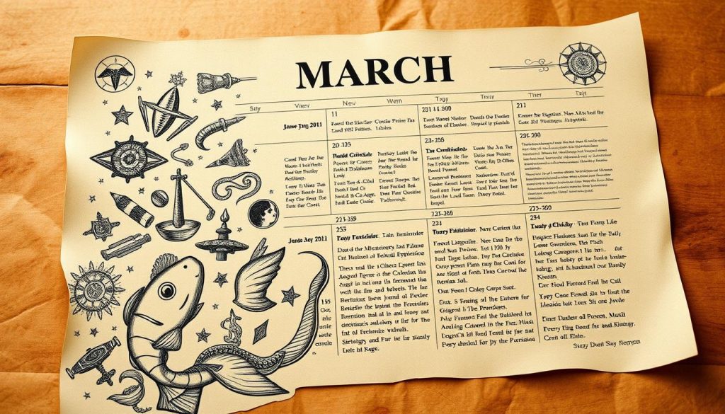 A beautifully hand-illustrated calendar page depicting the key events and notable figures associated with the month of March, set against a warm, earthy color palette. In the foreground, a detailed illustration of astrological symbols and ephemera representing the zodiac sign of Pisces. In the middle ground, a timeline of historical happenings and birthdays, rendered in a vintage, engraved style. The background features a softly blurred, textured parchment-like surface, evoking a sense of timelessness and antique charm. The overall composition strikes a balance between informative and aesthetically pleasing, creating an image that would seamlessly complement the "Qué pasó un 11 de marzo: línea temporal de eventos" section of the article. A beautifully hand-illustrated calendar page depicting the key events and notable figures associated with the month of March, set against a warm, earthy color palette. In the foreground, a detailed illustration of astrological symbols and ephemera representing the zodiac sign of Pisces. In the middle ground, a timeline of historical happenings and birthdays, rendered in a vintage, engraved style. The background features a softly blurred, textured parchment-like surface, evoking a sense of timelessness and antique charm. The overall composition strikes a balance between informative and aesthetically pleasing, creating an image that would seamlessly complement the "Qué pasó un 11 de marzo: línea temporal de eventos" section of the article.