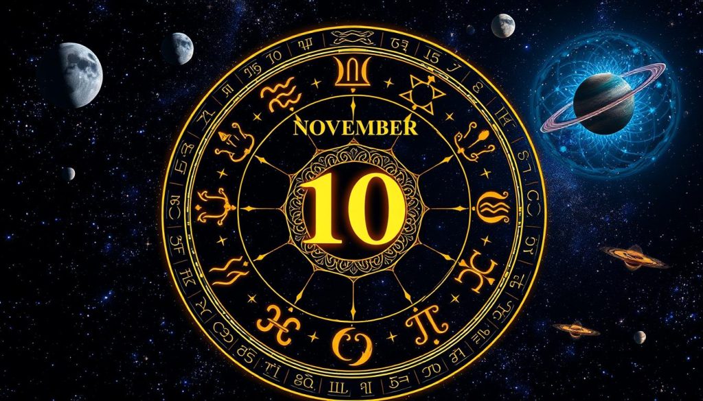 A detailed and visually captivating horoscope chart for November 10th, set against a backdrop of a starry night sky. The zodiac symbols are prominently displayed, their intricate designs illuminated by a warm, ethereal light. The chart is framed by celestial imagery, with planets, moons, and swirling galaxies adding depth and a sense of cosmic wonder. The overall composition creates a harmonious, mystical atmosphere, inviting the viewer to explore the astrological insights and predictions for this date.