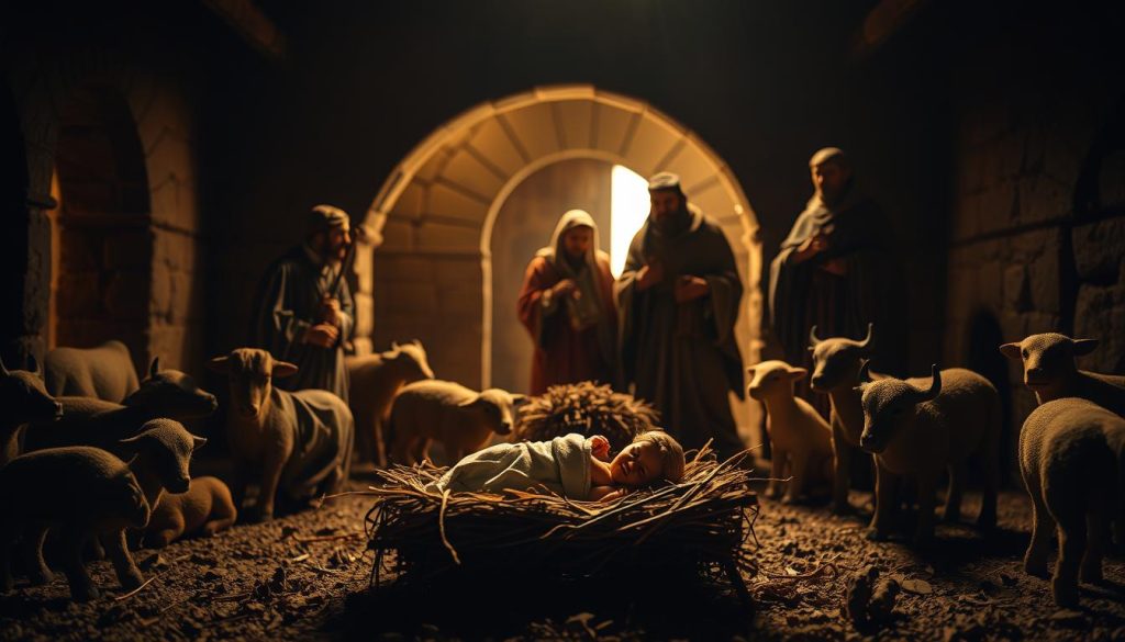 A detailed historical nativity scene set in a dimly lit, rustic interior. The foreground features a newborn baby Jesus lying in a simple manger, surrounded by the adoring figures of Mary, Joseph, and various shepherds and livestock. The middle ground showcases the three wise men bearing gifts, their faces illuminated by a soft, heavenly glow. In the background, subtle architectural elements such as arched doorways and stone walls evoke the ancient setting. The lighting is dramatic, with warm, golden tones filtering through the scene, creating a sense of reverence and timelessness. The overall composition conveys the profound historical significance of this hallowed event. A detailed historical nativity scene set in a dimly lit, rustic interior. The foreground features a newborn baby Jesus lying in a simple manger, surrounded by the adoring figures of Mary, Joseph, and various shepherds and livestock. The middle ground showcases the three wise men bearing gifts, their faces illuminated by a soft, heavenly glow. In the background, subtle architectural elements such as arched doorways and stone walls evoke the ancient setting. The lighting is dramatic, with warm, golden tones filtering through the scene, creating a sense of reverence and timelessness. The overall composition conveys the profound historical significance of this hallowed event.